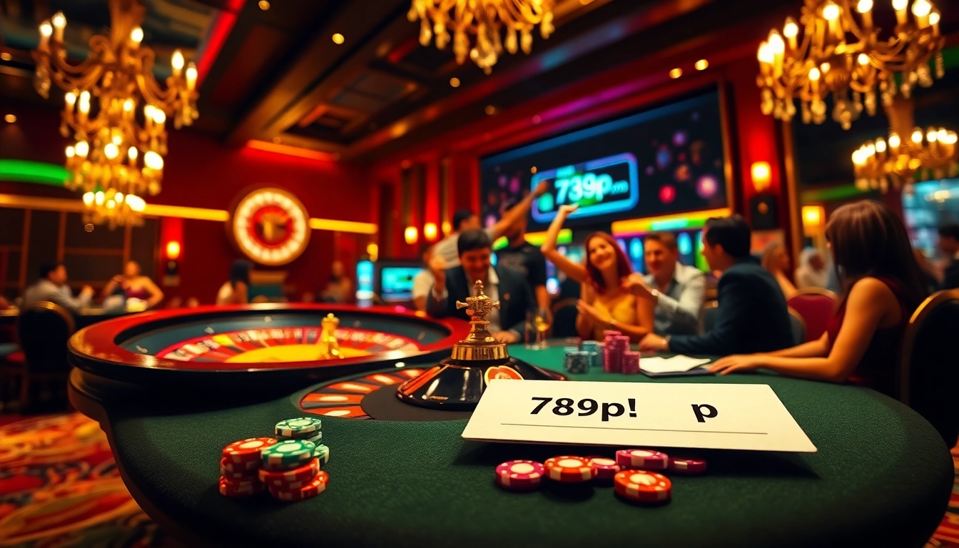 Players engaged at a vibrant table highlight 789p betting excitement with colorful chips and cards.